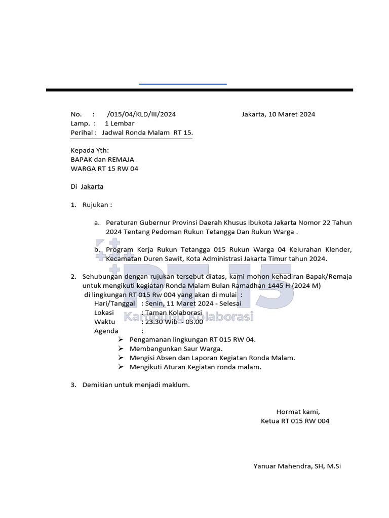 Jadwal Ronda Malam RT 015 RW 04 Jakarta | PDF