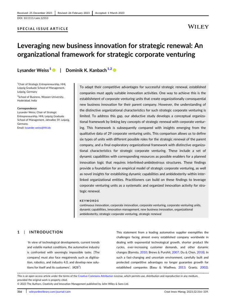 Creat Innov Manage - 2023 - Weiss - Leveraging New Business Innovation ...
