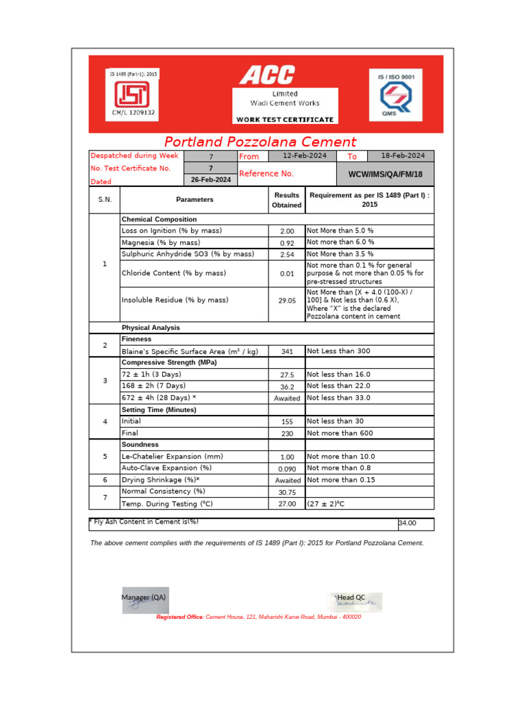 Acc Cement Test | PDF | Cement | Building Engineering