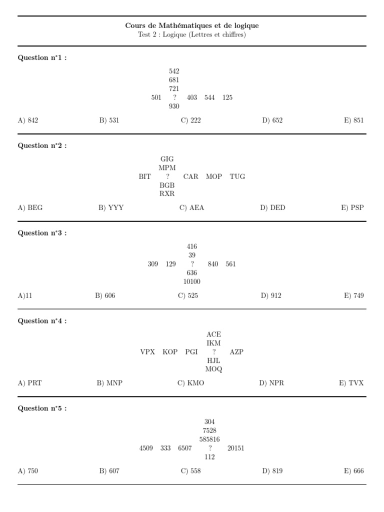 Test de logique mathématique gratuit | PDF