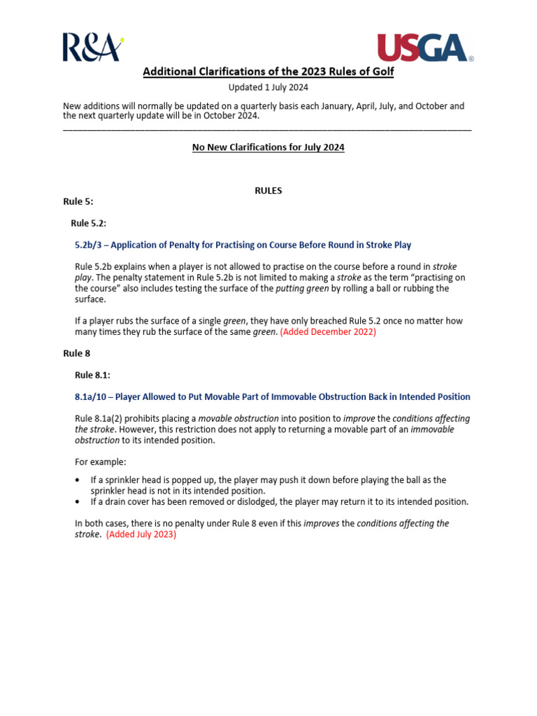 2024 Golf Rules Clarifications Update | PDF | Golf Course | Ball Games