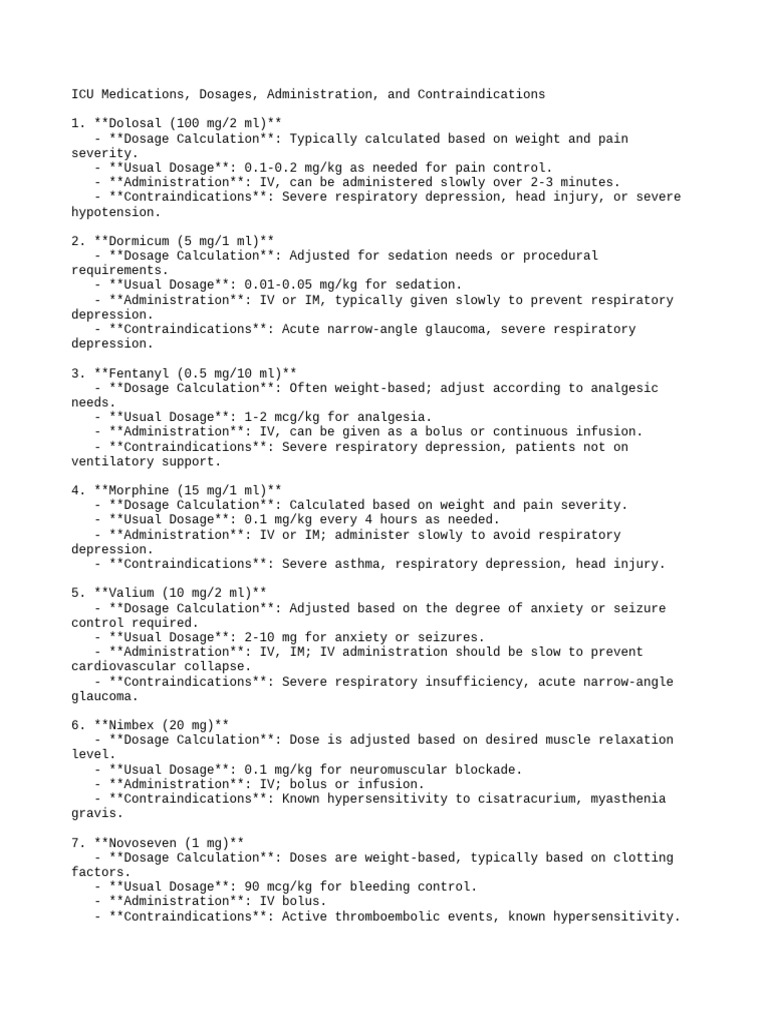 ICU Medications Dosages Admin Contraindications | PDF | Intravenous ...