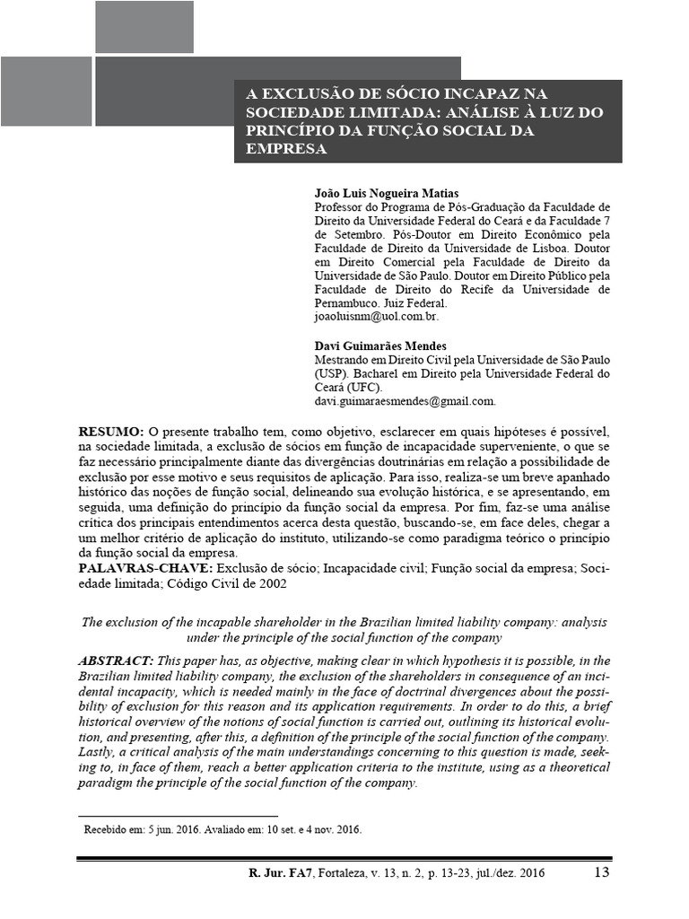 Exclusão de Sócio Incapaz na Ltda. | PDF | Sociologia | Constituição