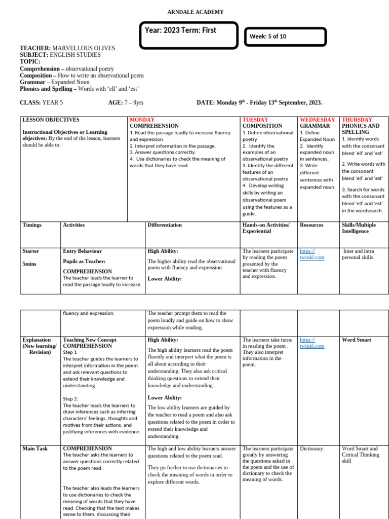 Yr 5 First Term Lesson Plan English Week 5 | PDF | Reading ...