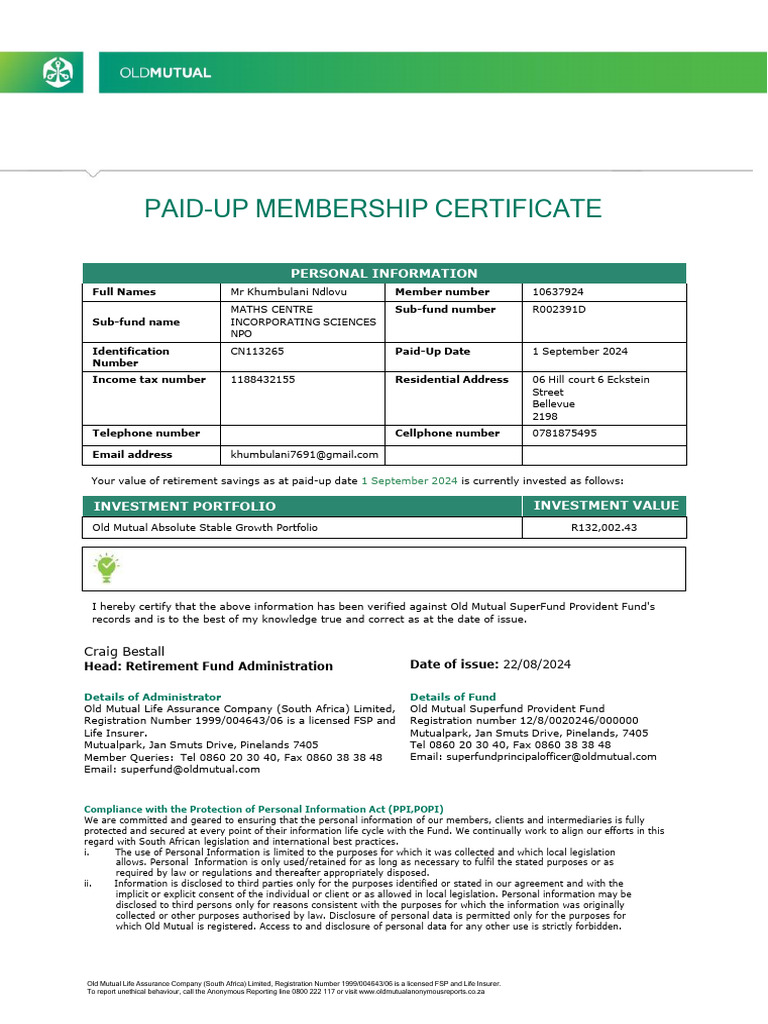 Old Mutual Superfund Provident Fund: Paid-Up Membership Certificate | PDF