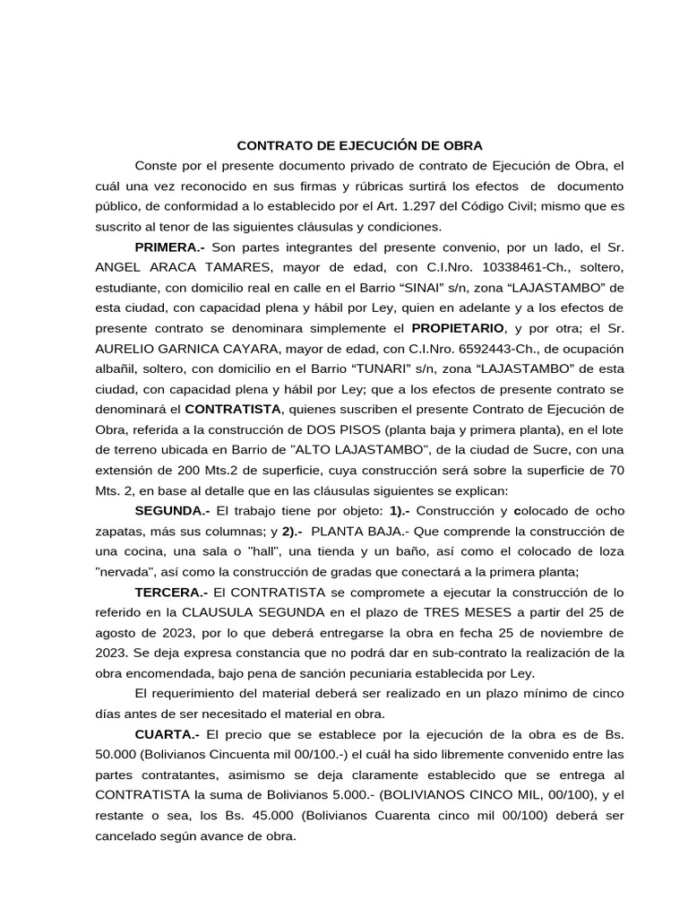 Contrato de Ejecución de Obra. | PDF | Finanzas y dinero | Hogar ...