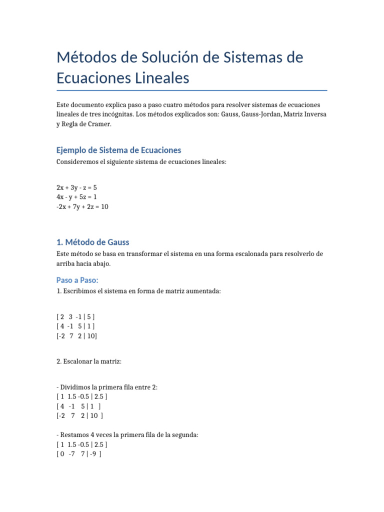 Métodos para Resolver Ecuaciones Lineales | PDF | Determinante | Matriz ...