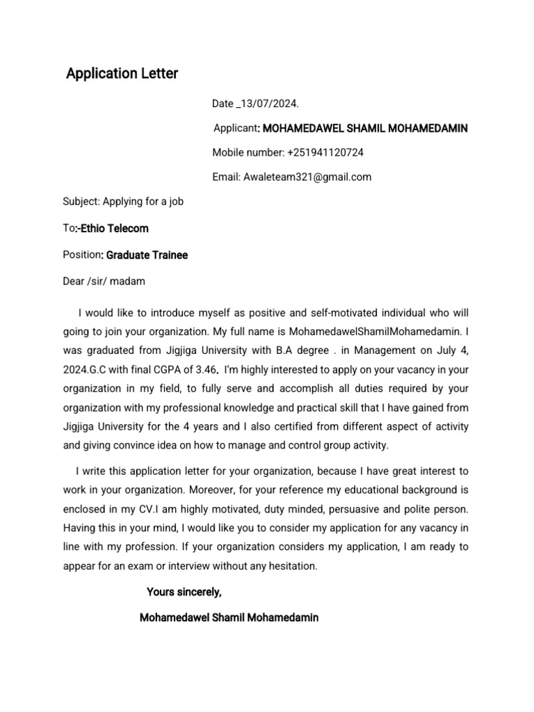 Job Application for Graduate Trainee | PDF
