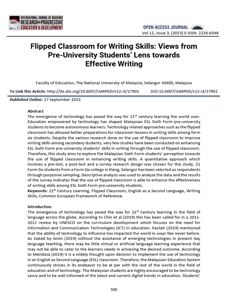 Flipped Classroom For Writing Skills: Views From Pre-University ...