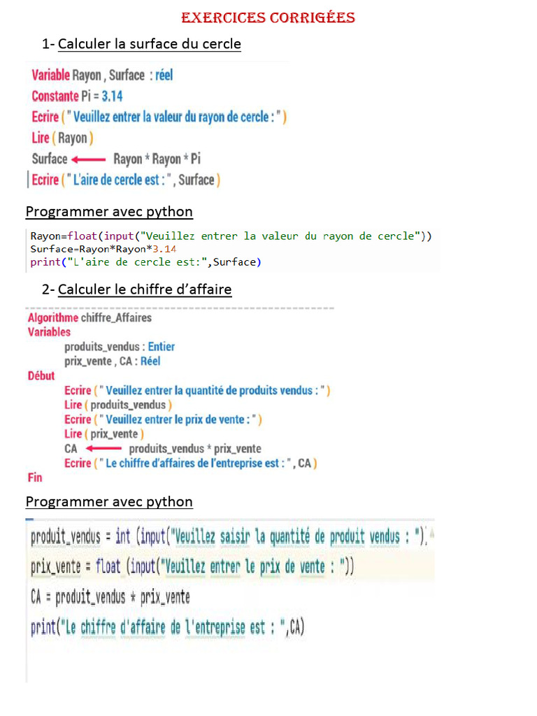 Exercices corrigés sur algorithmes | PDF