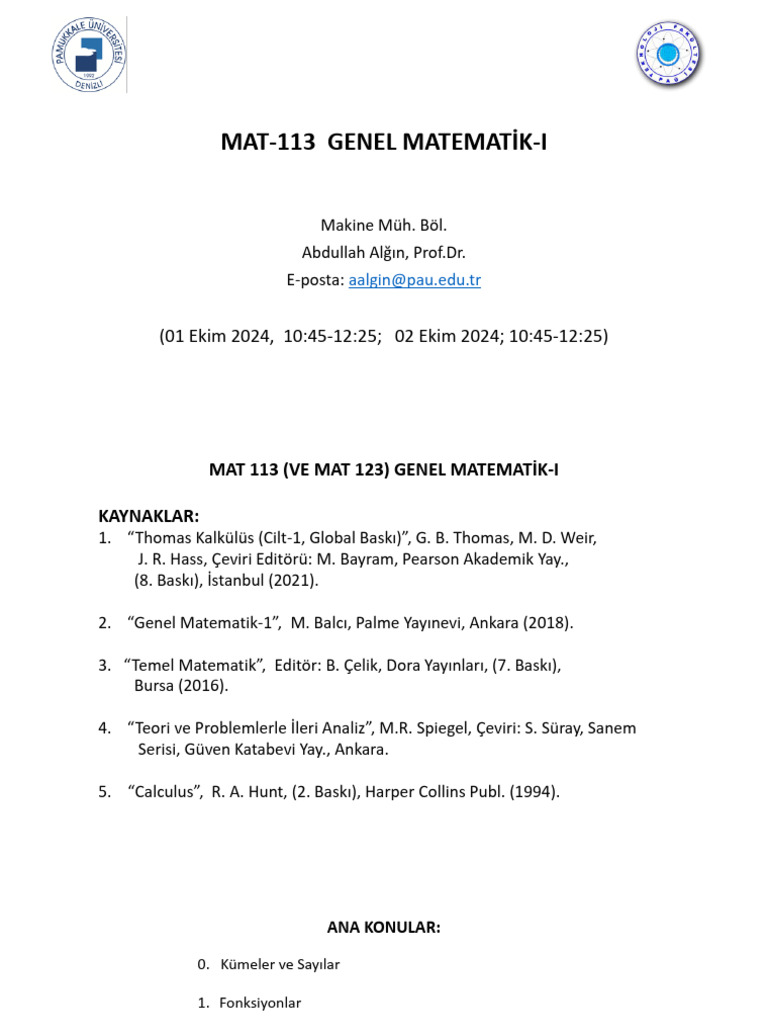 MAT113-Gen. Mat. 1. Hafta-İçerik | PDF
