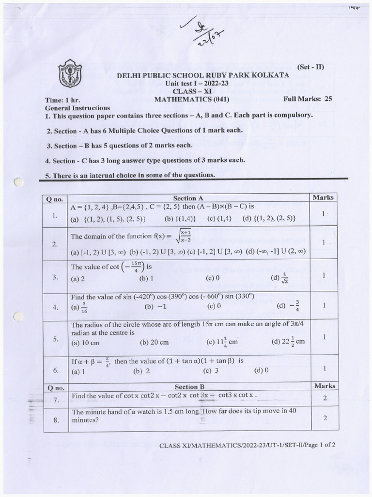 CL 11 Unit Test1 Mathematics 2022-23 | PDF