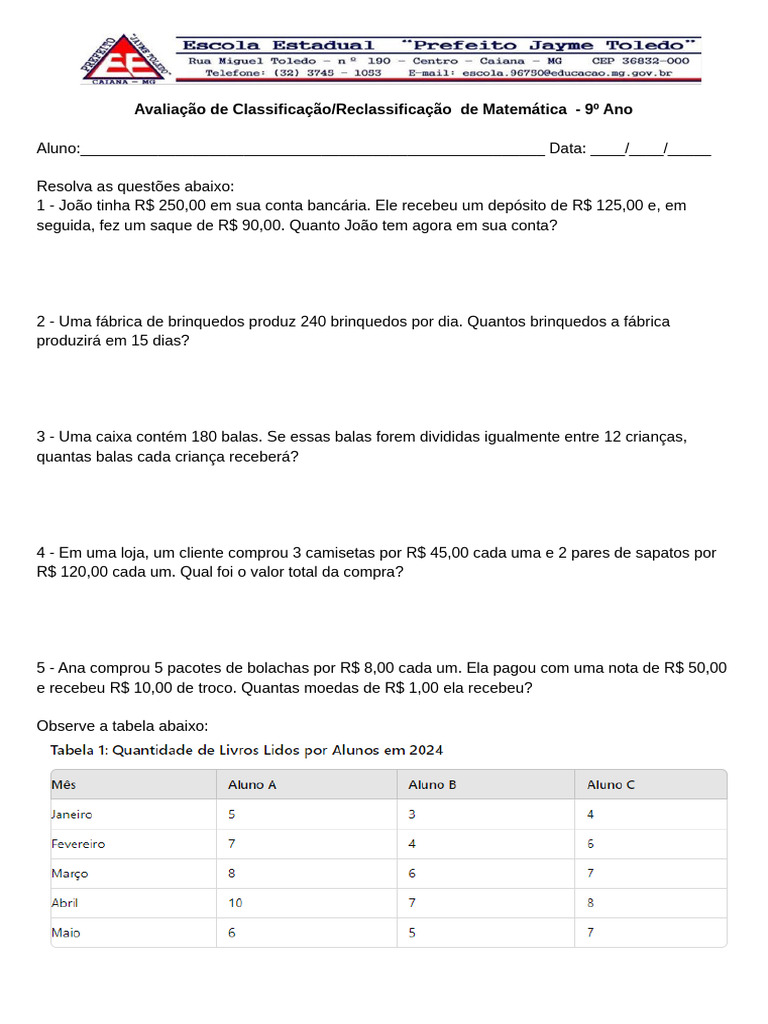 Avaliação de Matemática 9º Ano | PDF