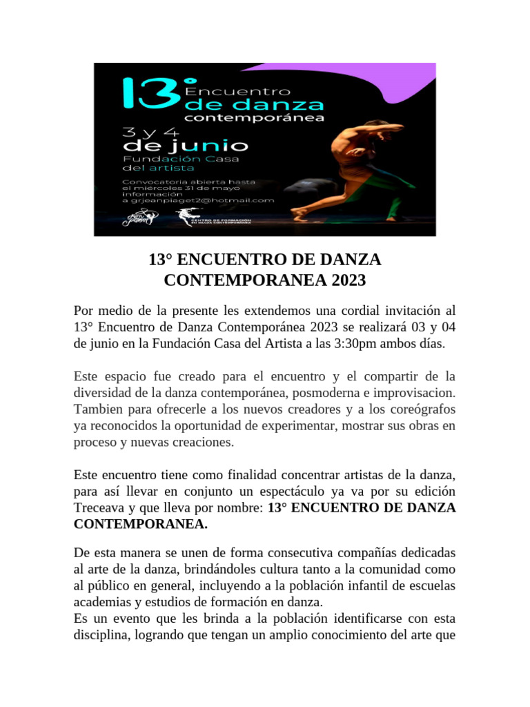 13° Encuentro de Danza Contemporánea 2023 Final | PDF | Bailes | Las ...