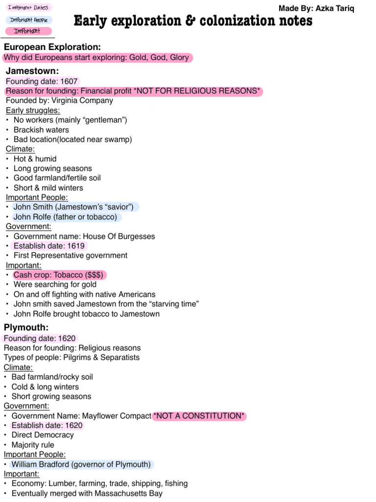 Unit 1 Notes | PDF | Massachusetts Bay Colony | Plymouth Colony