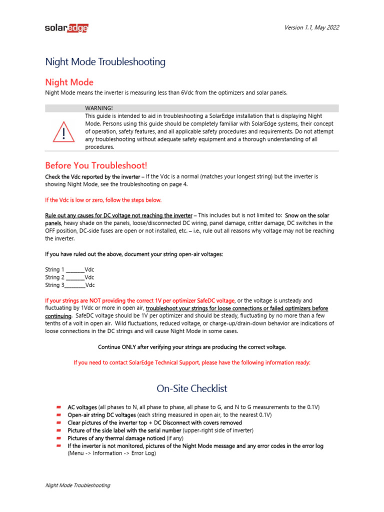 SolarEdge Night Mode Troubleshooting Guide | PDF | Power Inverter ...
