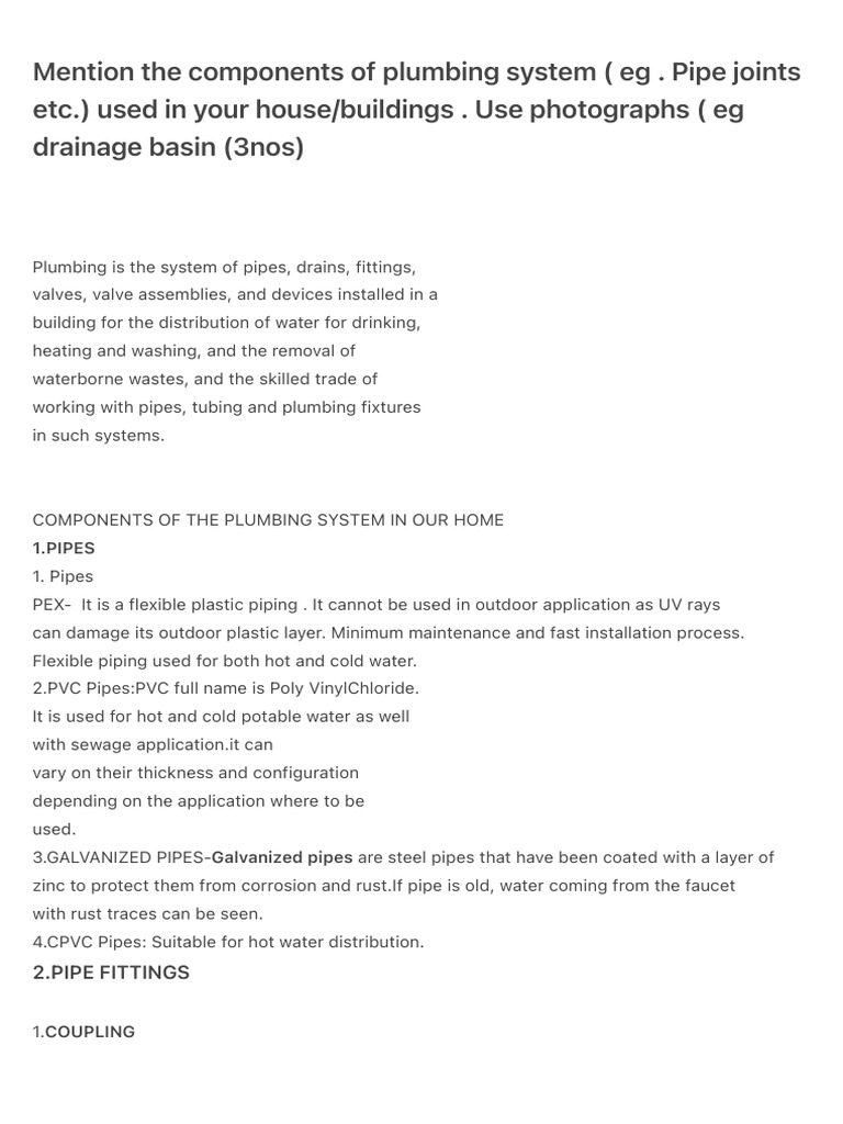 Mention The Components of Plumbing System (Eg - Pipe Joints Etc.) Used ...