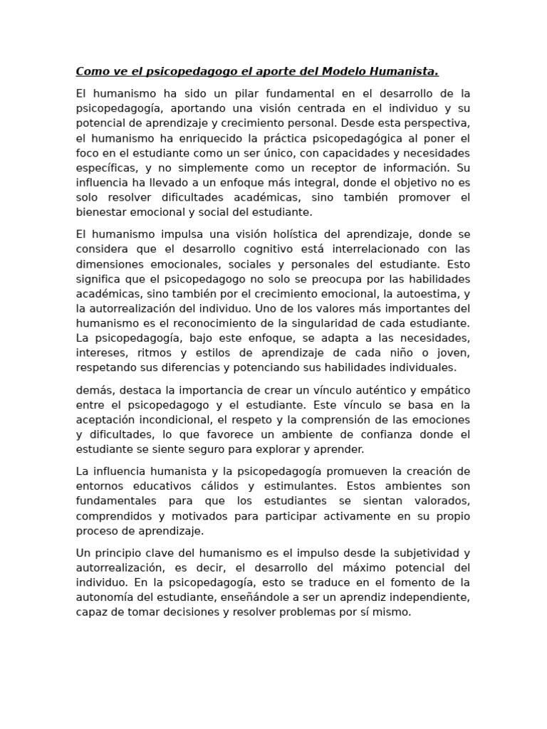 Aporte del Humanismo en Psicopedagogía | PDF