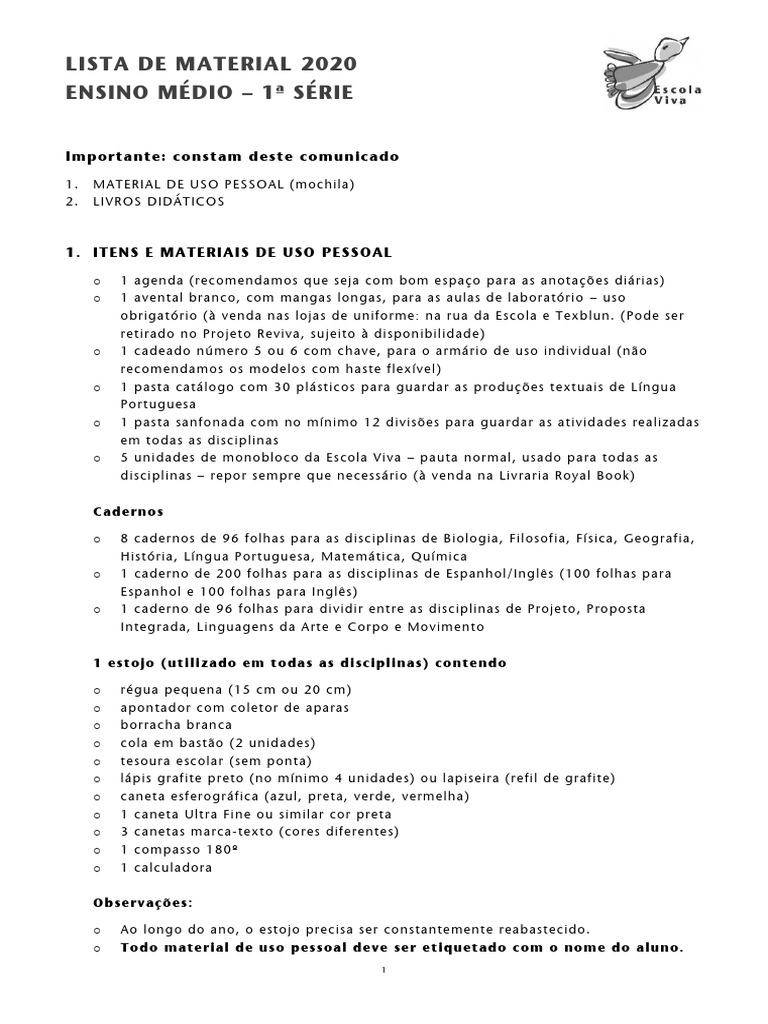 2020 Lista Material Individual em 1 Serie | PDF | Bem-estar