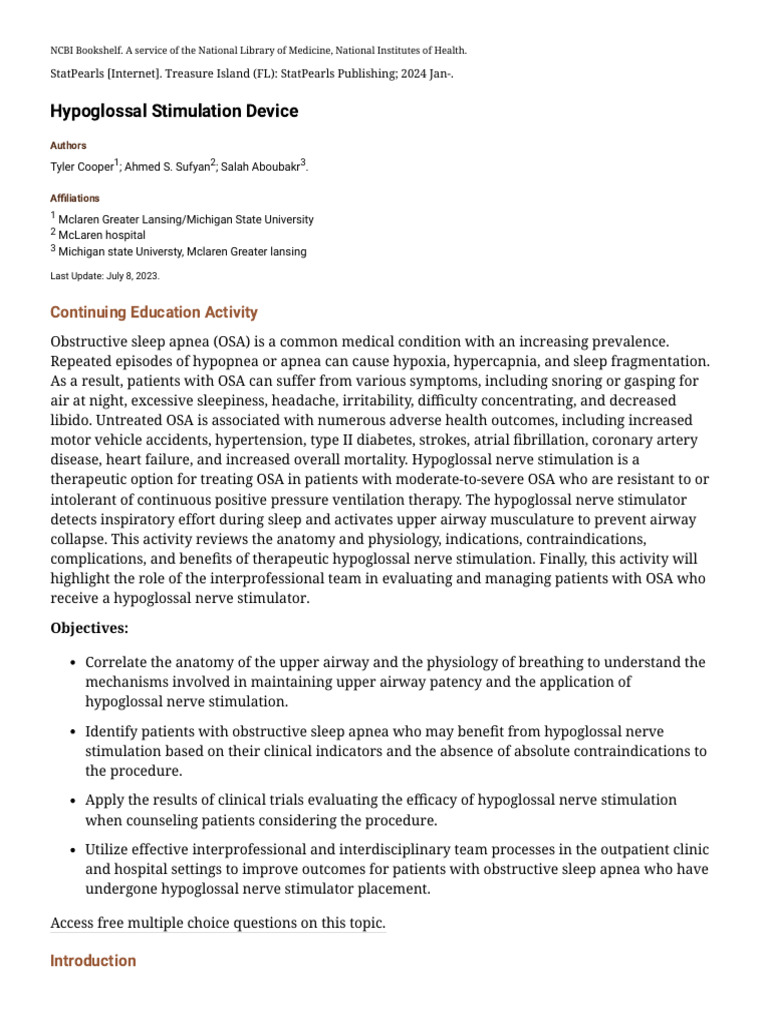 Hypoglossal Nerve Stimulation for OSA | PDF | Sleep Apnea | Physiology