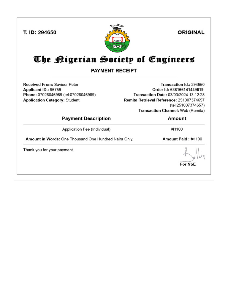 NSE Application Payment Receipt | PDF