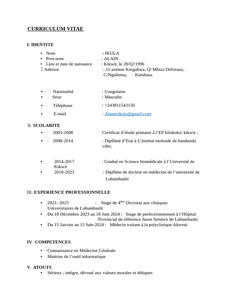 CV d'Alain Ikula, Médecin Généraliste | PDF | Médecine | Soins de santé