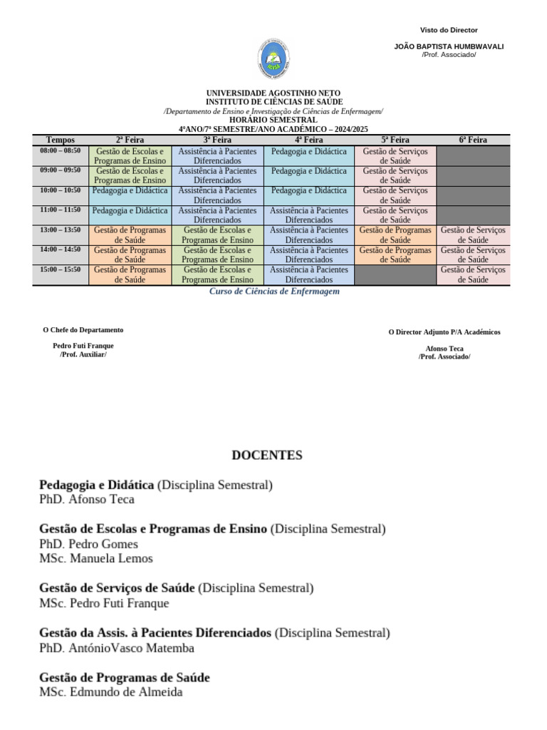 4º Ano-Enfermagem Diurno-1º Semestre 2024-2025 | PDF | Modificação ...