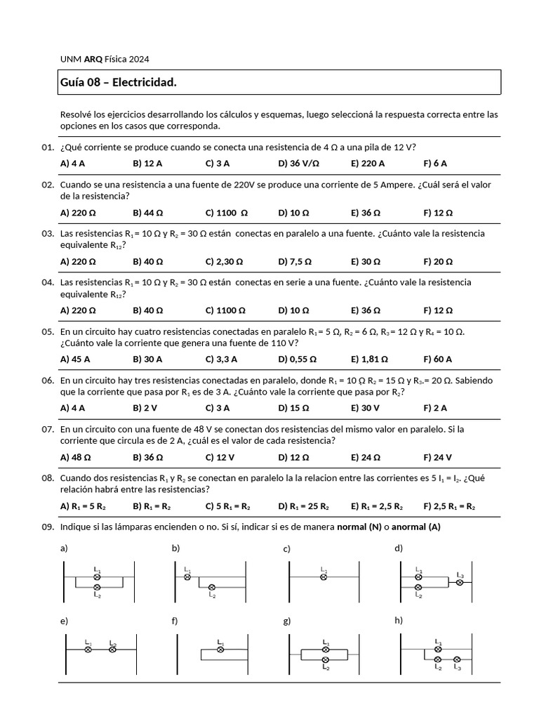Guía de Ejercicios de Electricidad 2024 | PDF | Resistencia Eléctrica y ...