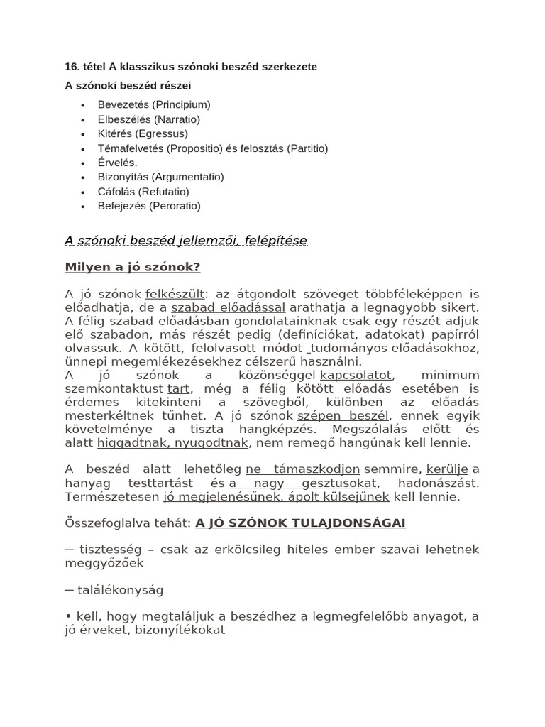 A Klasszikus Szónoki Beszéd Szerkezete, Felépítése | PDF