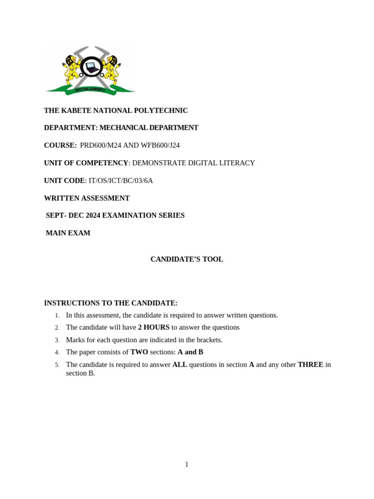 Digital Literacy Exam Paper 2024 | PDF | Computer Keyboard | Computer ...