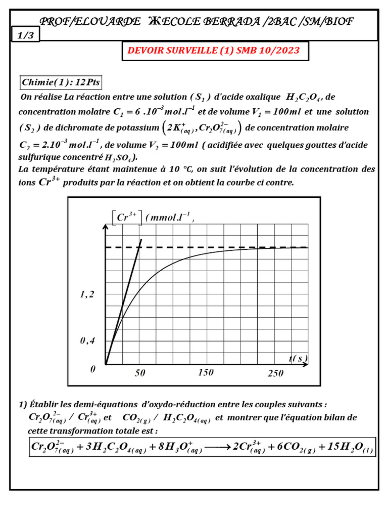 Devoir de chimie 2BAC SM Biof 10/2023 | PDF | Concentration molaire ...