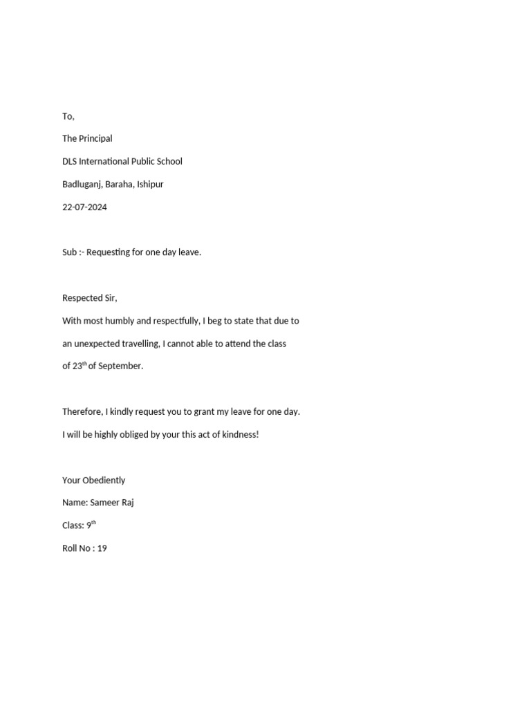 Application For One Day Leave | PDF
