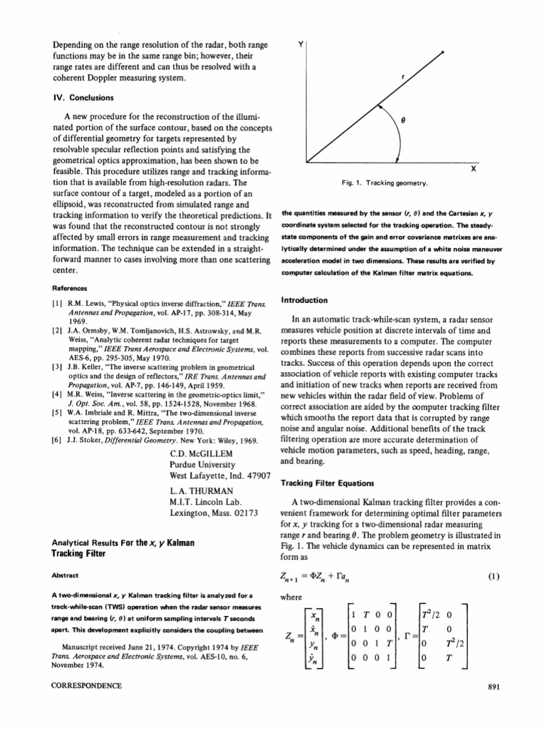 Analytical Results For The X y Kalman Tracking Filter | PDF | Kalman ...