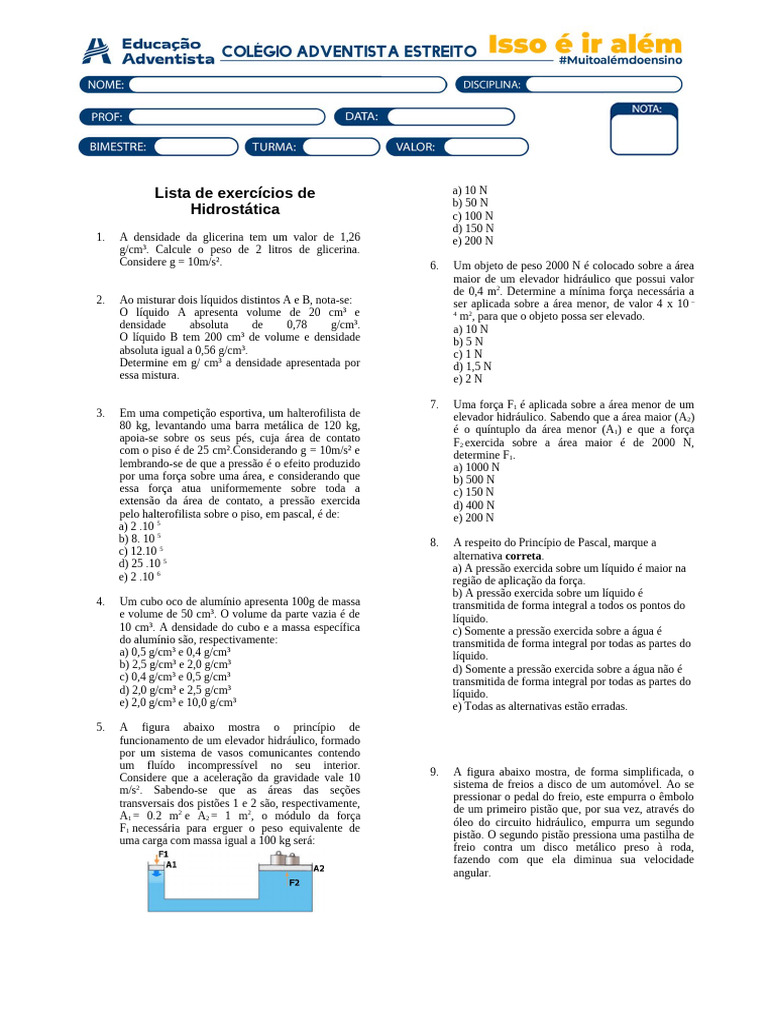 Lista de Física | PDF | Flutuabilidade | Pressão