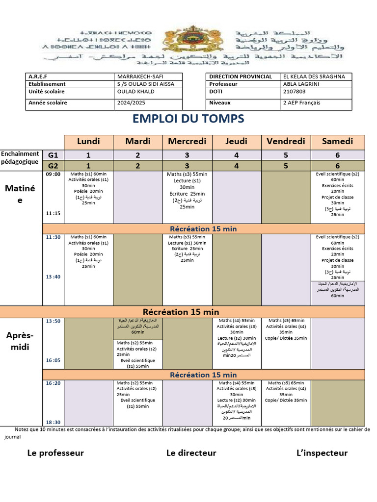 Emploi du temps 2024/2025 Oulad Khald | PDF