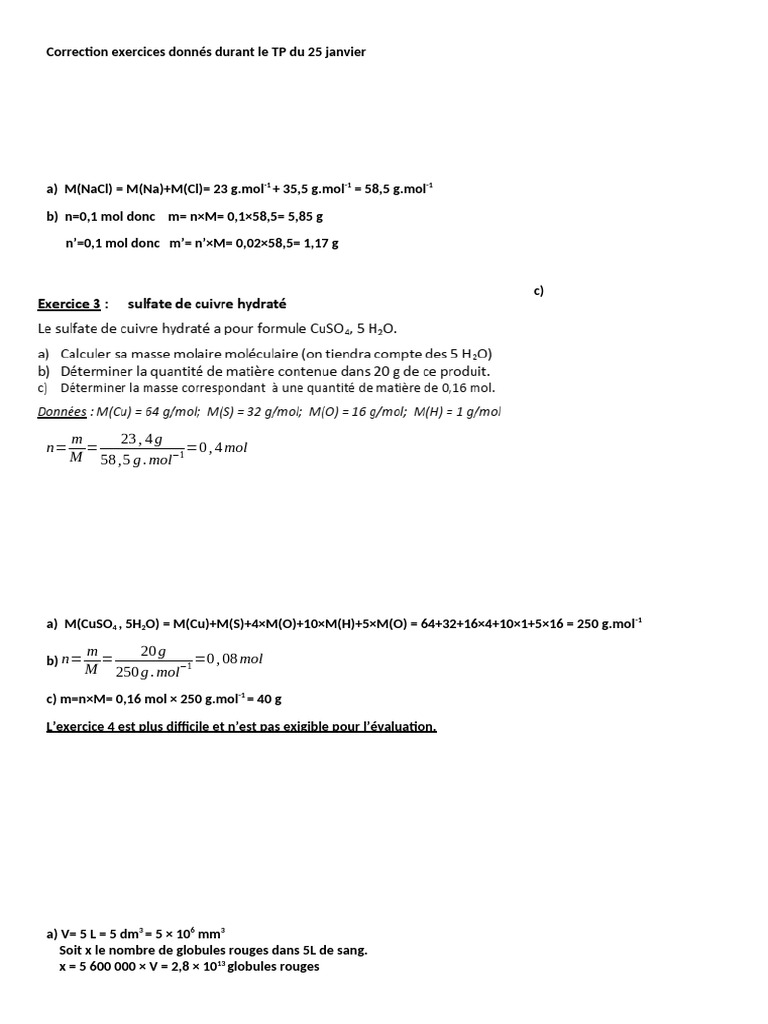 Correction TP Chimie : Calculs de Masse et Molalité | PDF