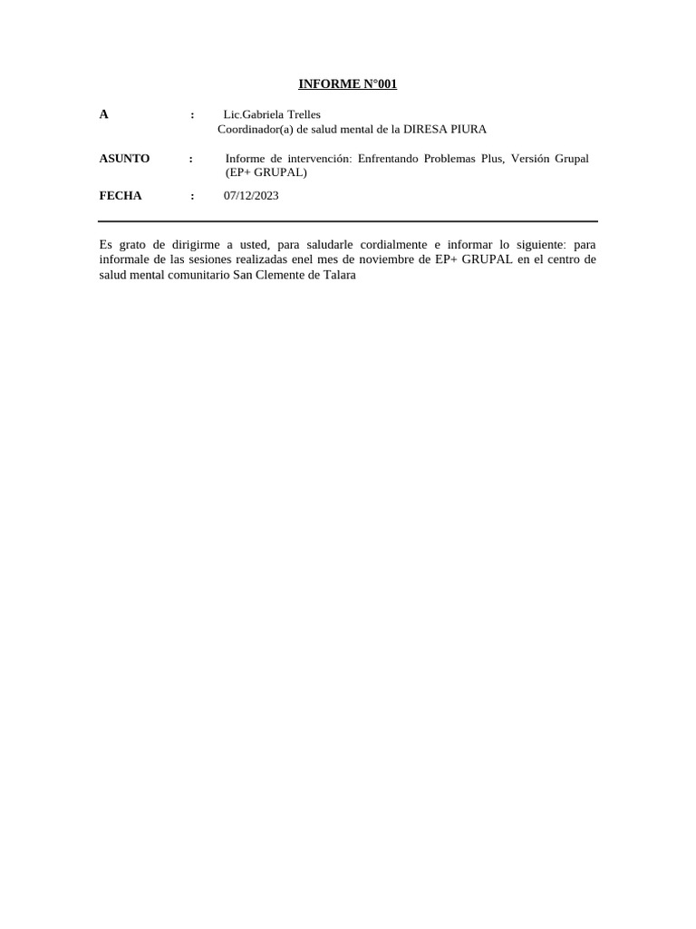 Informe EP+ Grupal en Talara, Noviembre | PDF