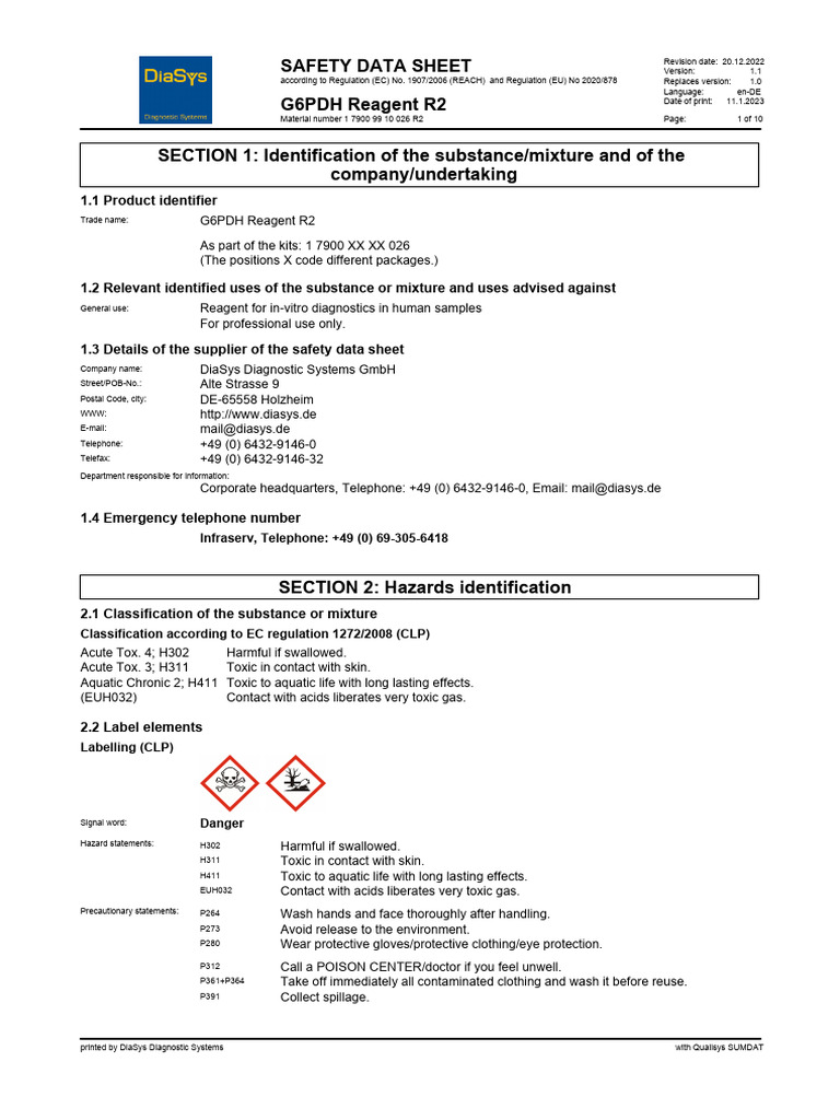 G6PDH Reagent R2 Safety Data Sheet | PDF | Dangerous Goods | Toxicity