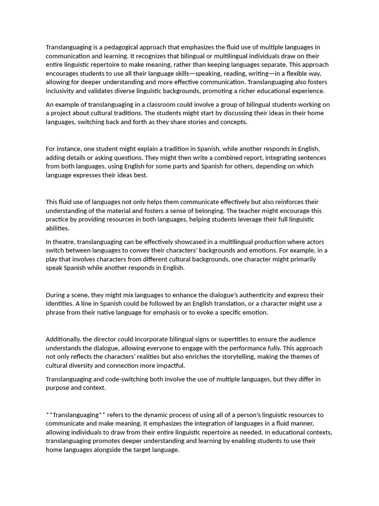 Translanguaging Is A Pedagogical Approach That Emphasizes The Fluid Use ...