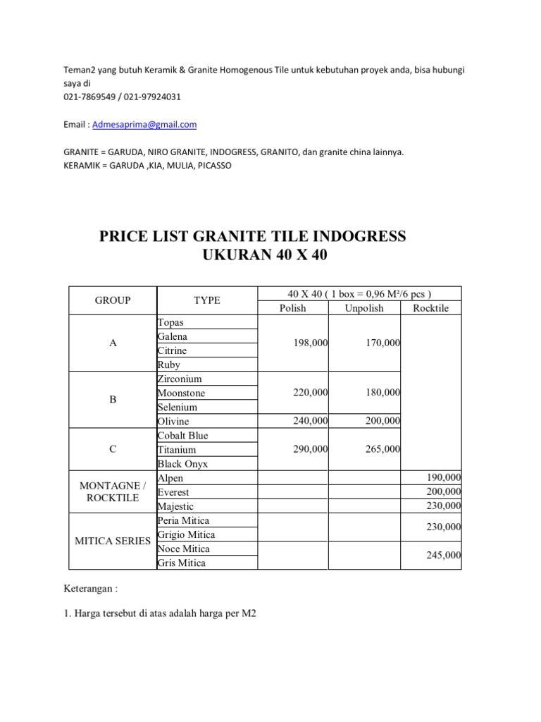 Price List Granite Tile Indogress
