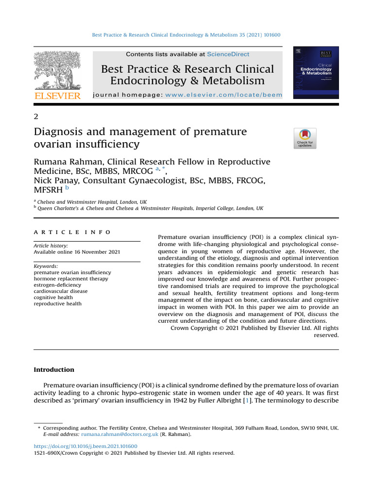 Diagnosis and Management of Premature Ovarian Insufficiency | PDF ...