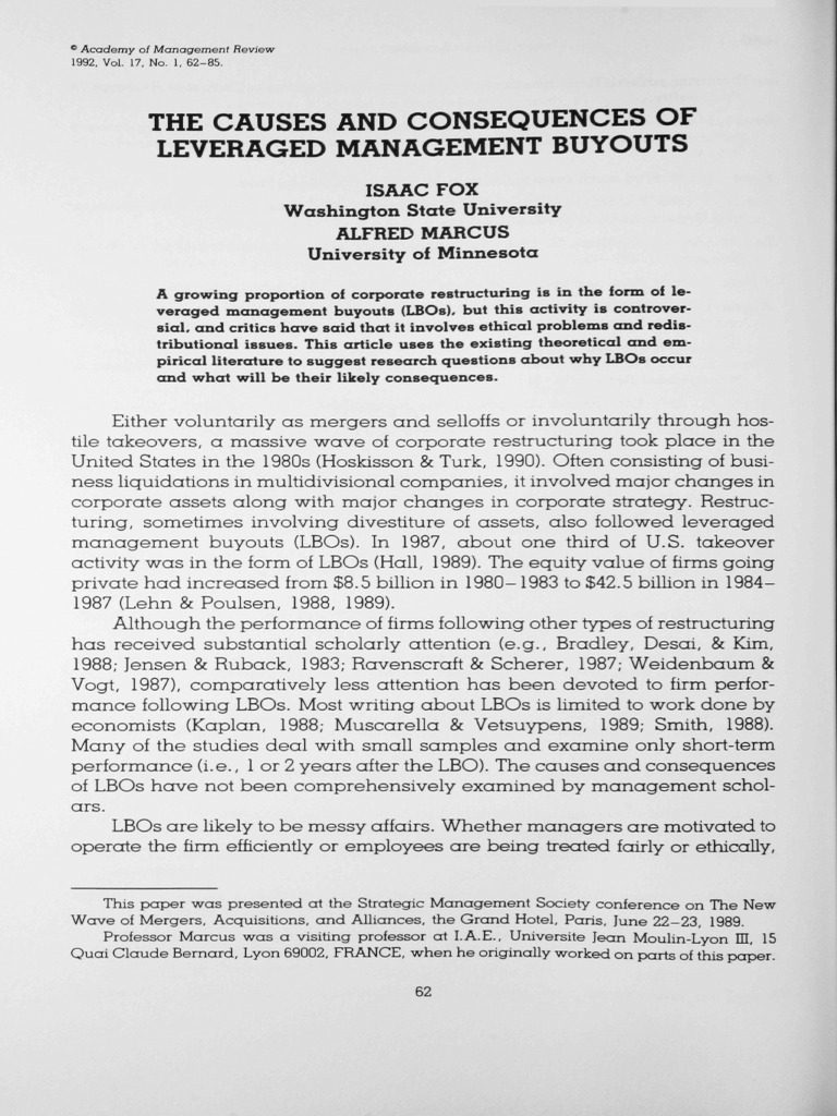 Causes and Effects of Leveraged Buyouts | PDF | Leveraged Buyout | Tax ...
