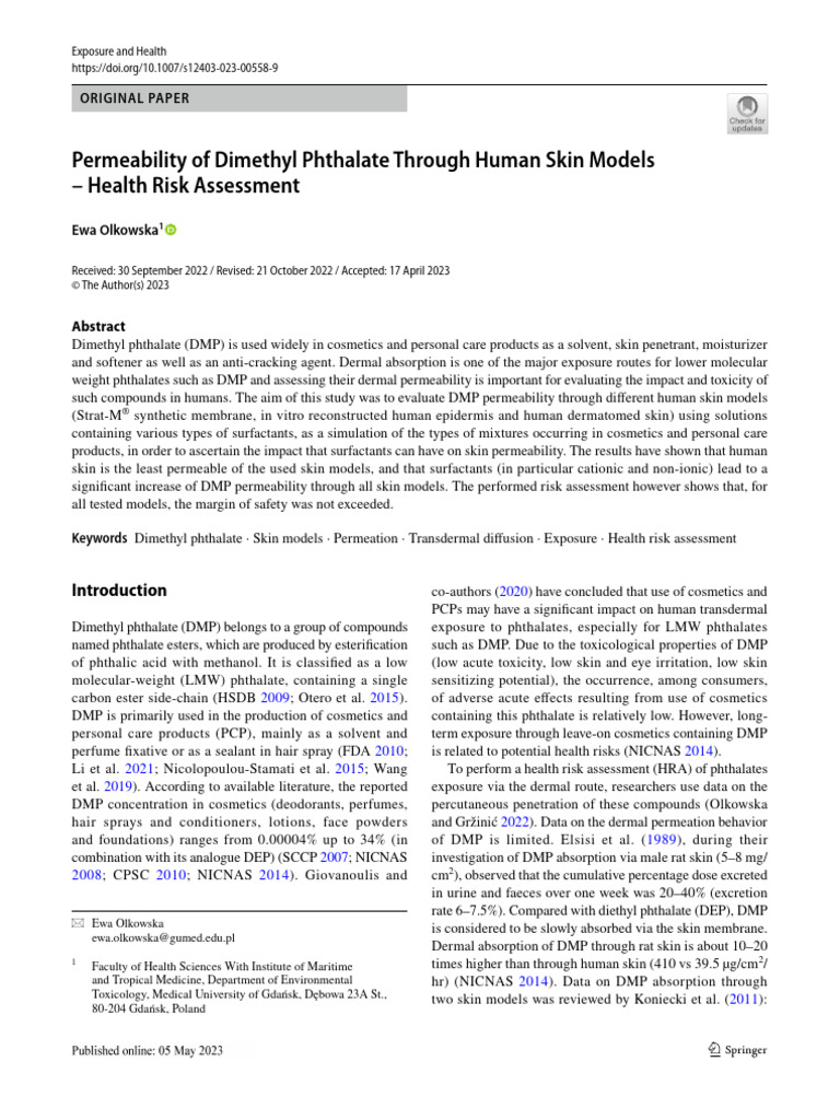 Permeability of Dimethyl Phthalate Through Human Skin Models - Health ...