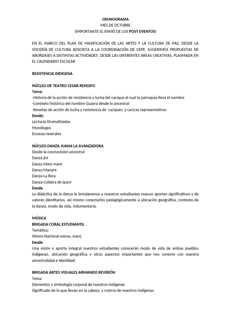 Cronograma Mes de Octubre 2024. Vocería de Cultura | PDF | Bailes