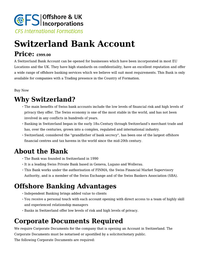 Opening a Swiss Business Bank Account | PDF | Banks | Switzerland