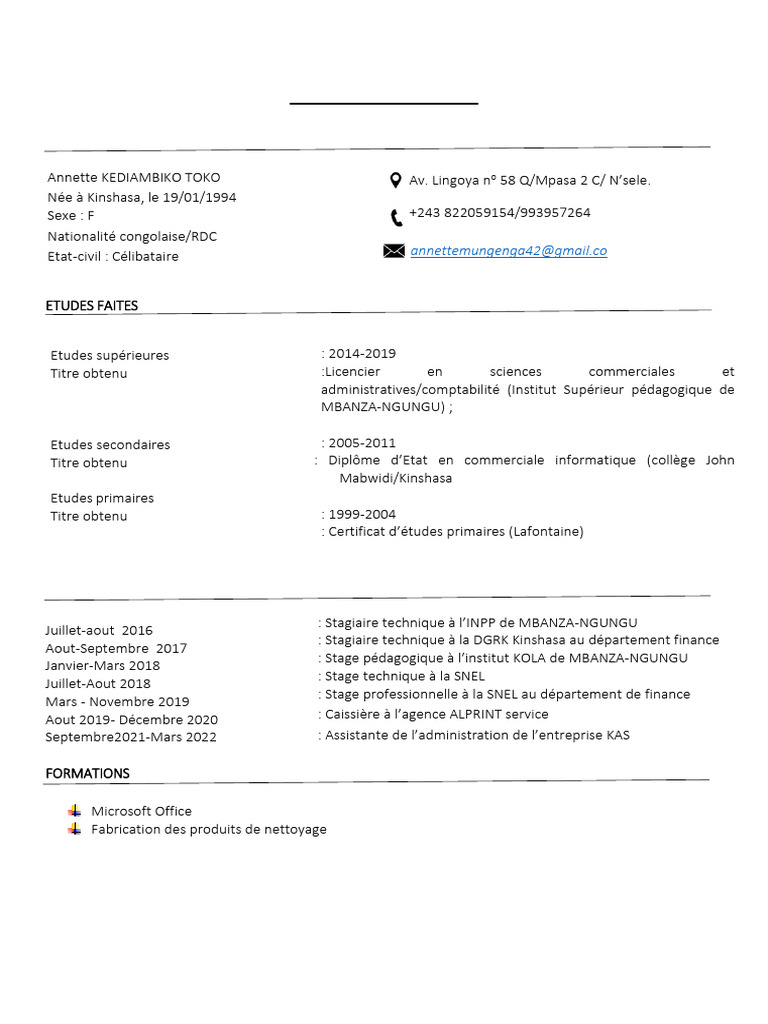 CV Annette KEDIAMBIKO TOKO 2023 | PDF | Évolution de carrière