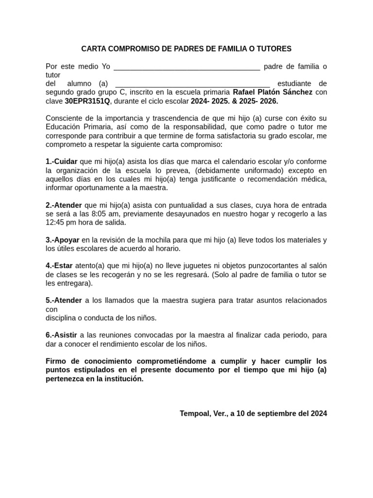 Carta Compromiso de Padres de Familia o Tutores | PDF | Salud y bienestar