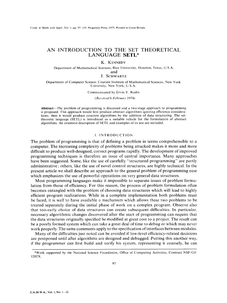 An Introduction To SETL, Set Theroretic Language - Kennedy | PDF ...