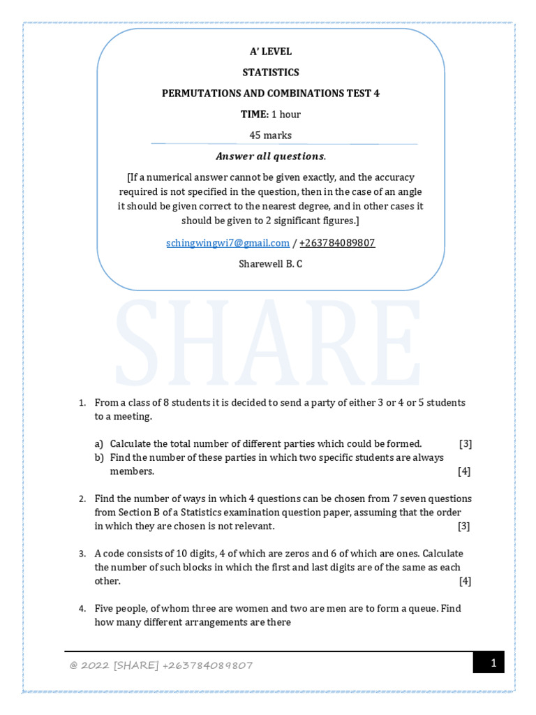 Test 4 Permutations And Combinations Statistics Share Pdf