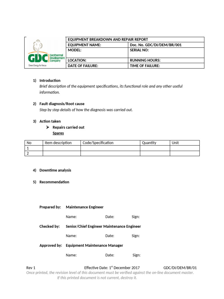 Equipment Breakdown and Repair Summary | PDF